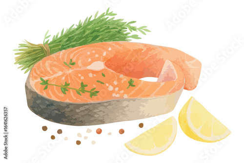 Fresh salmon steak watercolor. Vector isolated on white background.
