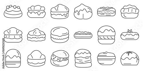 Cream puff icons set. Delicious pastries representing various shapes and toppings, creating a visually appealing collection for bakery or dessert related projects