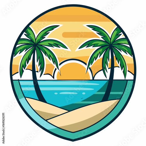 Vector art of circular graphic depicting a serene tropical beach at sunset with two palm trees framing the view of the ocean and sun