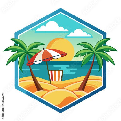 Vector art of idyllic tropical beach scene with palm trees, umbrella, and ocean under a sunny sky, evoking a sense of summer relaxation and travel