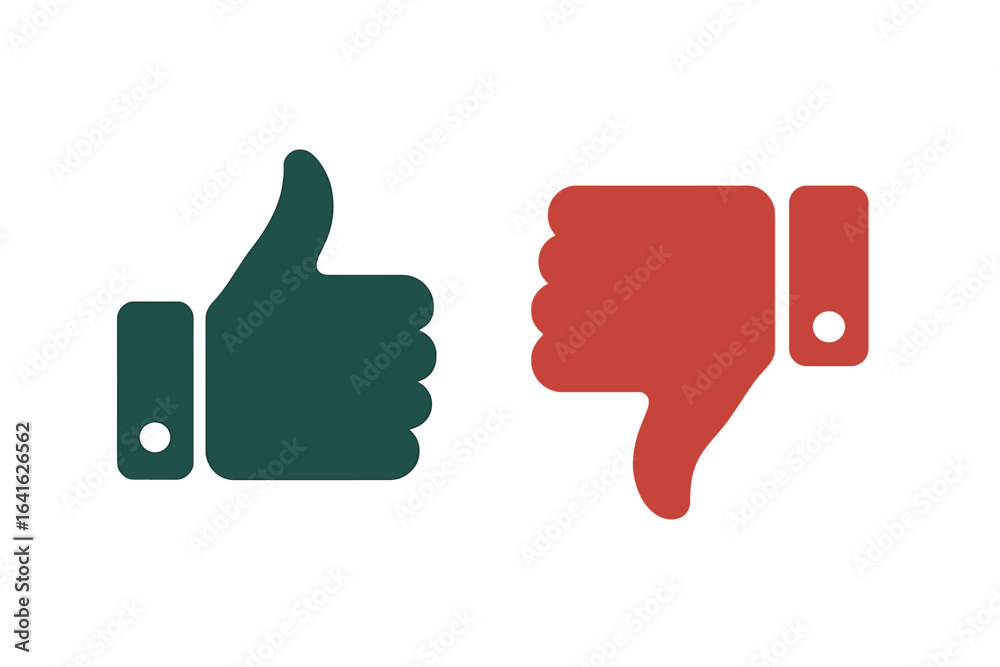 Thumbs up and thumbs down flat icons. Like and dislike, yes and no button symbol for social media feedback. Positive and negative choice for rating, review, or voting. Vector. Thumbs up and thumbs down flat icons. Like and dislike, yes and no button symbol for social media feedback. Positive and negative choice for rating, review, or voting. Vector.