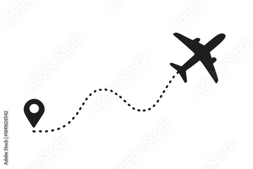 Airplane flight path with location pin. Travel route concept with destination point. Dotted line journey track. Aircraft vacation trip icon. Airline navigation symbol vector.