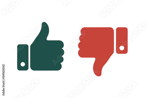 Thumbs up and thumbs down flat icons. Like and dislike, yes and no button symbol for social media feedback. Positive and negative choice for rating, review, or voting. Vector.