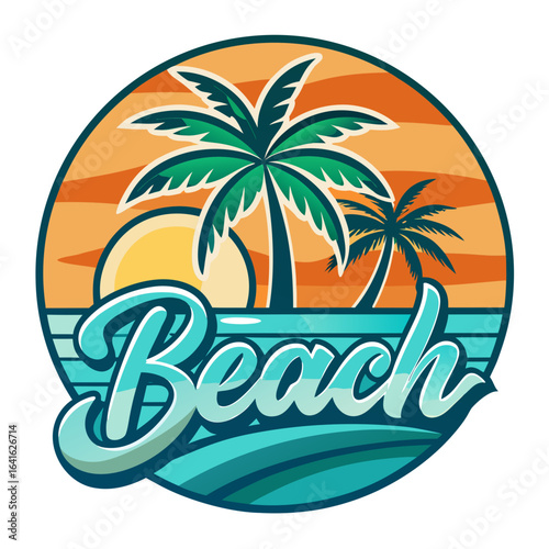 Vector art of circular emblem featuring a tropical beach with palm trees, ocean waves, and the word beach in stylized lettering, perfect for summer