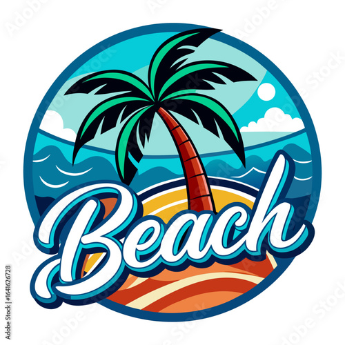 Vector art of circular graphic showcasing a single palm tree on a tropical beach with ocean waves and the word beach, ideal for summer vacation