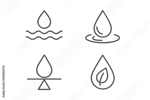 Water drop line icon set for ecology and conservation. Icons include wave, ripple, balance, and leaf. For mobile apps, websites. Eco friendly, clean natural water concept.