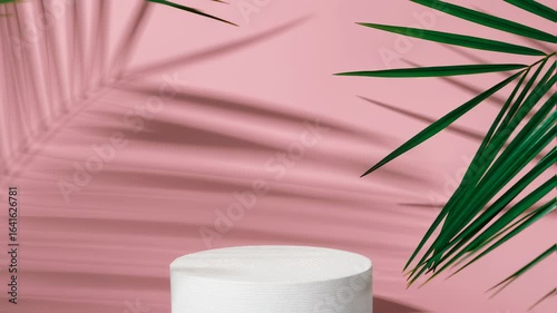 Podium for cosmetic product advertising demonstration on pink background. Palm leaves sway in the wind, summer mood and hot summer concept