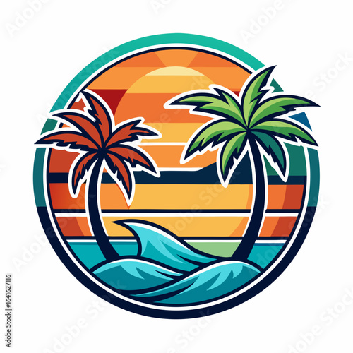 Wallpaper Mural Vector art of circular vector logo showcasing two palm trees on a tropical beach with a colorful sunset and stylized ocean waves, evoking a sense of summer adventure Torontodigital.ca