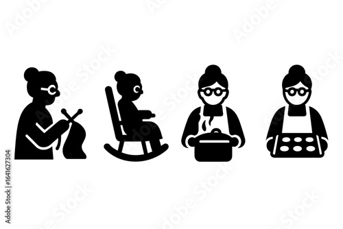 Grandmother Activities Vector Icons Set. Elderly Woman Knitting, Rocking Chair, Cooking, Baking. Senior Lifestyle, Hobbies, Leisure. Solid Filled Clipart Elements for Family, Generations, Home Life.