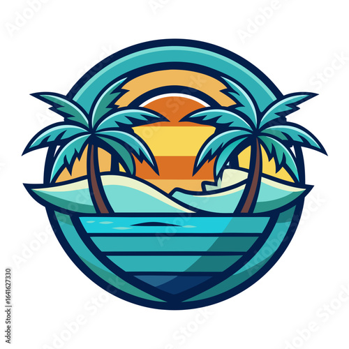 Vector art of stylized tropical beach scene with two palm trees, ocean waves, and a colorful sunset or sunrise, presented as a circular emblem or badge