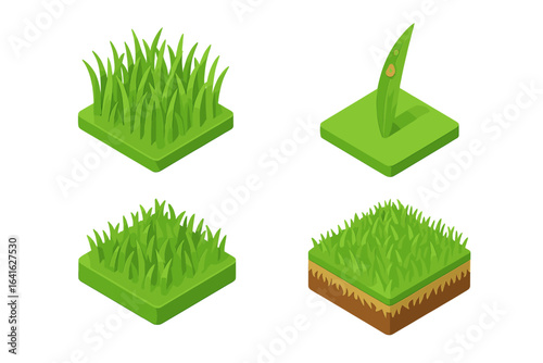 Isometric Grass Texture Vector Icons Set. Realistic Green Lawn Pattern, Close-Up Grass Blade with Dew, Thatch Layer with Soil, Landscape Illustration, Game Asset, Gardening, Nature Design