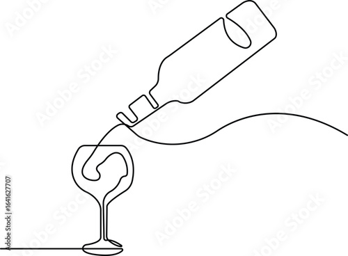 Minimalist continuous one line drawing of wine bottle pouring into glass, elegant modern line art for bar menu, celebration, restaurant, beverage design.
