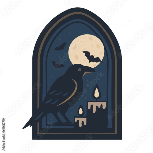 Black crow with candles and full moon in gothic window