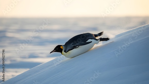 An emperor penguin slides down a snow-covered slope, displaying elegance and agility. Its sleek black and white plumage contrasts with the pristine snowy landscape