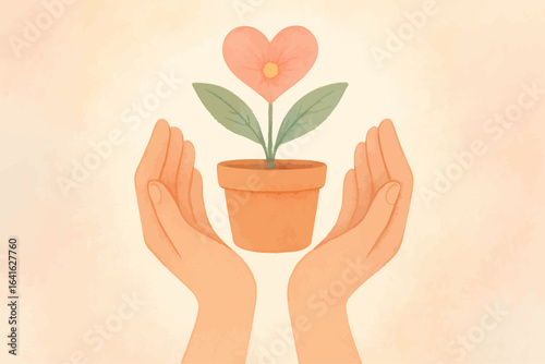 Illustration of caring hands protecting a potted plant with a heart-shaped flower, symbolizing love, growth, and nurturing, perfect for wellness, environmental, and relationship-themed designs