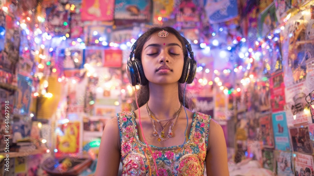Fototapeta premium Modern Fusion: Teen Girl in Ghagra Listening to K-Pop Amid Indian Decor and Fairy Lights