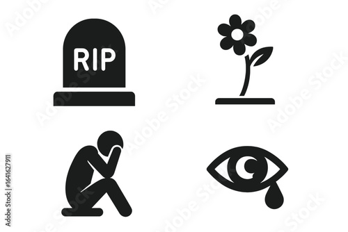 Grief, mourning and loss icon set. Solid silhouette gravestone RIP, memorial flower, grieving person, crying eye tear. Death, sorrow, bereavement, sadness, funeral, memorial vector illustration.