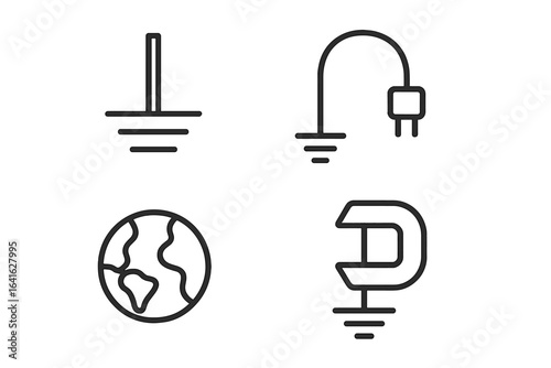Grounding and Earth Bonding Symbol Set. Electrical safety vector icons. Ground rod, clamp, cable, earth globe. Minimal outline design for technology, electrician, energy, voltage, power, protection.