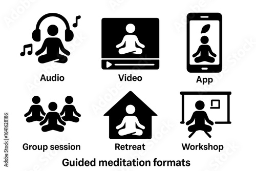 Guided meditation session icons set. Audio, video, app, group, retreat, workshop meditation formats. Mindfulness, self-care, wellness, relaxation. Black solid vector for stock platforms.