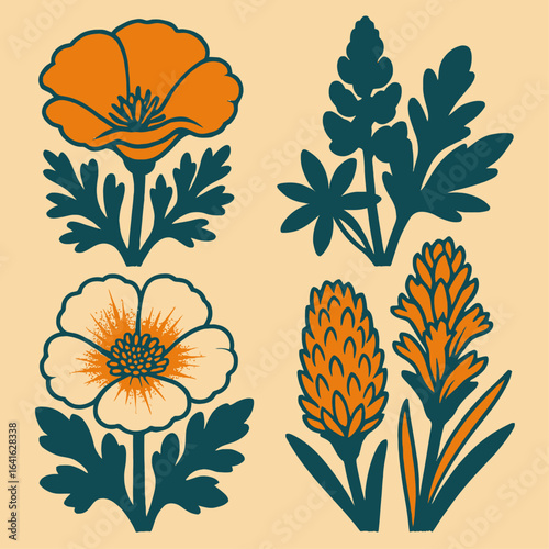 Colorful illustration of Californian wildflowers in a retro style, featuring poppies, lupines, and other native blooms, perfect for botanical prints, nature-themed decor, and vintage-inspired designs