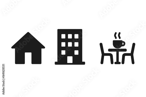 Everyday city life icons set. Black solid vector house, apartment building, coffee shop café, home office, workspace, urban lifestyle, public cafe, living environment, symbols isolated.