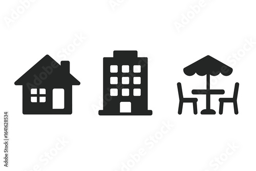 Everyday Living and Working Environments Vector Icons. Modern home, apartment building, outdoor cafe table and chairs. Solid silhouette set. Urban lifestyle, city life, residence, leisure scene.