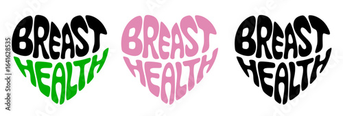 Heart-shaped sticker featuring "BREAST HEALTH" in colorful and black design for women's health prevention and awareness
