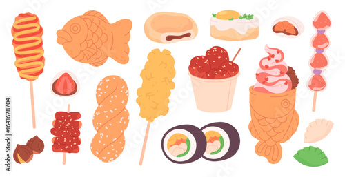 Korean street food. Corn dog with sauces, fried chicken on skewers, fish vegetables rolls. Takeaway asian restaurant meals, winter snacks, racy vector clipart