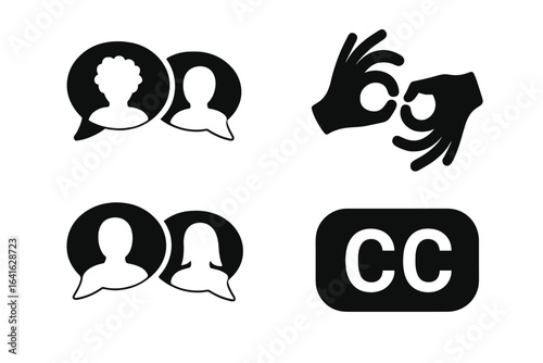 Inclusive Communication Solid Icons Collection. Diversity Speech Bubble Symbols, Sign Language Hands, Closed Captioning, Multicultural Dialogue, Accessible Communication Vector Set, Black Silhouette