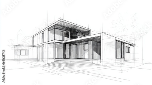 Architectural drawing presenting contemporary residential design featuring expansive glazing, central staircase entrance, nestled among surrounding woodland landscape