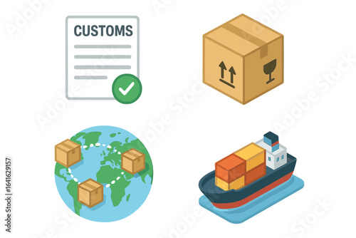 International shipping logistics icons isometric flat vector set, customs declaration, cargo box, container ship, global trade, worldwide delivery, export import, shipping route illustration