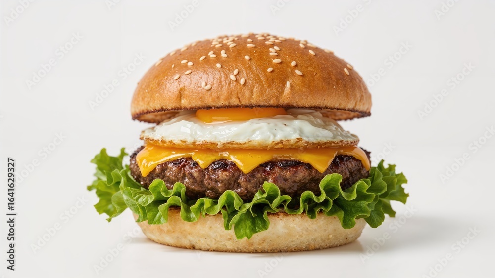 Delicious cheeseburger garnished with a sunny-side-up egg cooked to perfection Delicious cheeseburger garnished with a sunny-side-up egg cooked to perfection