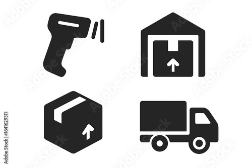 Inventory management vector icons set, solid filled barcode scanner, warehouse storage, delivery truck, parcel box, product logistics, supply chain symbols, shipping, isolated illustration