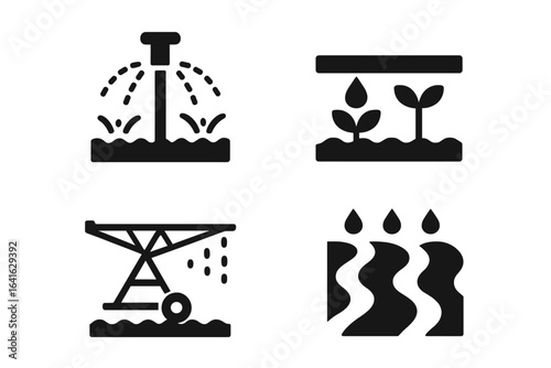 Irrigation methods glyph icon set. Solid black vector symbols for agriculture and farming. Sprinkler system, drip line, center pivot, and furrow irrigation concepts.