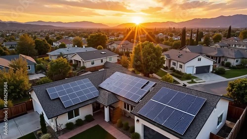 Stunning aerial view of modern homes with solar panels at sunset, showcasing sustainable living and energy.