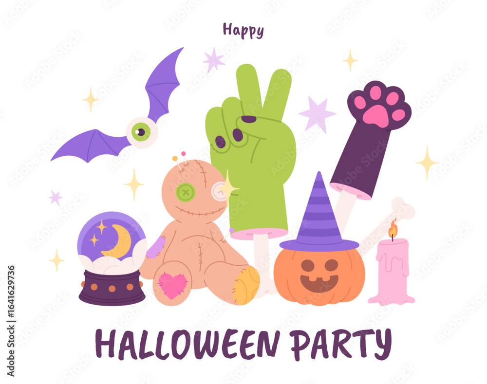 Fototapeta premium Halloween party poster. Cartoon voodoo doll, creepy cat paw on bone, zombie green hand and pumpkin in witch hat. Autumn festival elements, vector scene