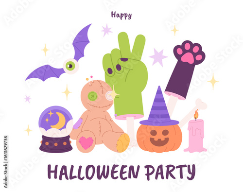 Halloween party poster. Cartoon voodoo doll, creepy cat paw on bone, zombie green hand and pumpkin in witch hat. Autumn festival elements, vector scene