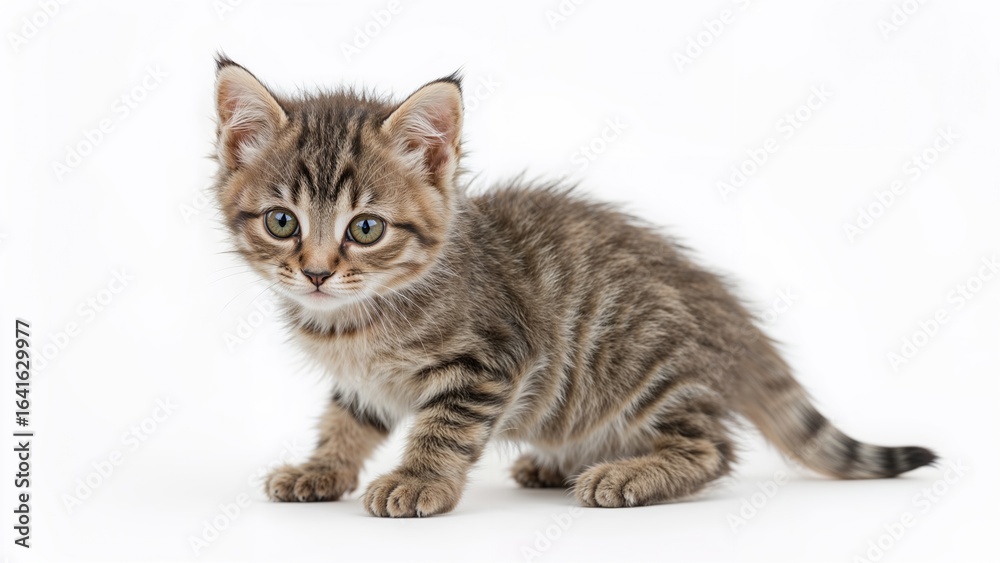 Obraz premium Small gray cat with stripes on a white surface