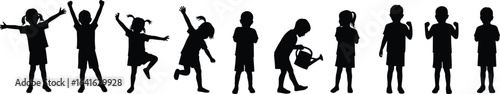 Silhouettes of playful children, boys and girls, joyful kids playing, carefree childhood, outdoor fun, active kids, happiness, friendship, energy, youth
