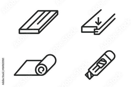 Laminated flooring icons set with outline style featuring laminate plank, click-lock edge system, underlayment pad, installation tools, construction elements, and flooring setup illustration