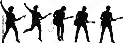 Silhouettes of rock guitarists performing and jumping on stage, live concert energy, playing electric guitars, isolated on white background