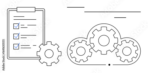 Checklist with completed tasks and interlocking gears in a cloud outline. Ideal for project planning, process automation, task prioritization, productivity, cloud computing, strategy, workflow