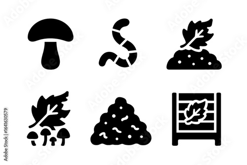 Leaf decay and compost icons set featuring solid filled designs of earthworm, mushroom, soil, fungus, leaf mold, compost bin, organic waste decomposition, eco-friendly gardening vector illustration