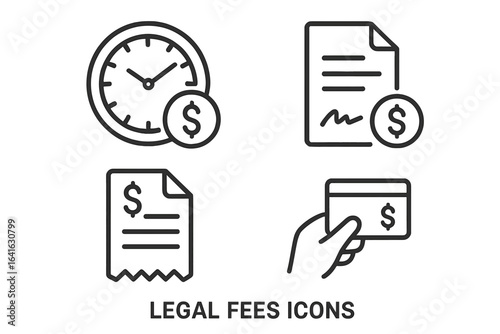 Legal fee icons set. Outline vector illustration of lawyer billing, hourly rate clock, retainer agreement contract, invoice, payment method for attorneys, law firm, court costs, legal expenses.