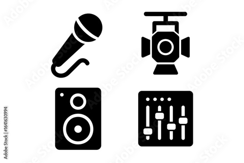 Live performance technology icons set with microphone, stage light, speaker, mixing console, solid filled vector symbols for concert, music event, sound system equipment