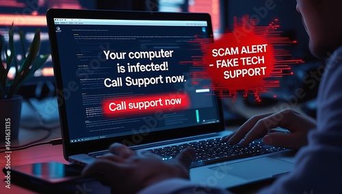 A person working on a laptop displaying a scam alert, highlighting a fake tech support message in a dark, tech-themed environment.