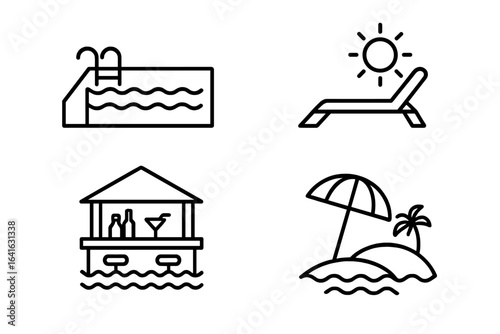 Luxury Resort Paradise Vector Icons Set. Outline infinity pool, sun lounger under sunshine, swim-up bar, pool umbrella, tropical beach scene. Summer holiday vacation concept. Stock illustration.