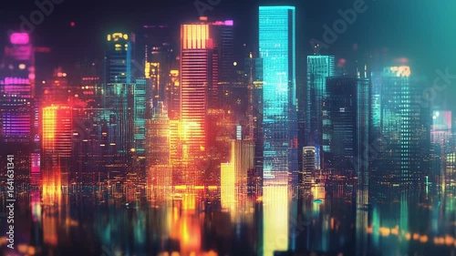 Wallpaper Mural Futuristic illuminated cyberpunk cityscape reflecting in water at night Torontodigital.ca