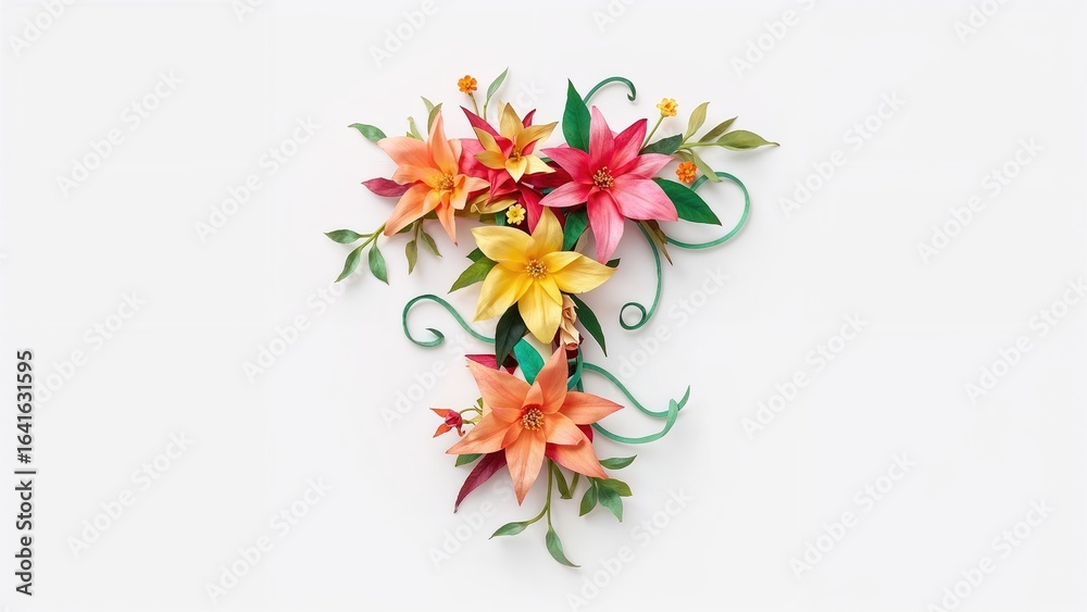 Obraz premium Isolated white background logo of the letter T made from paper flowers and tropical bird design