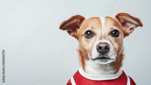 Alert brown and white dog in red sporty sweater looking directly at camera against plain light background, displaying curiosity and intelligence